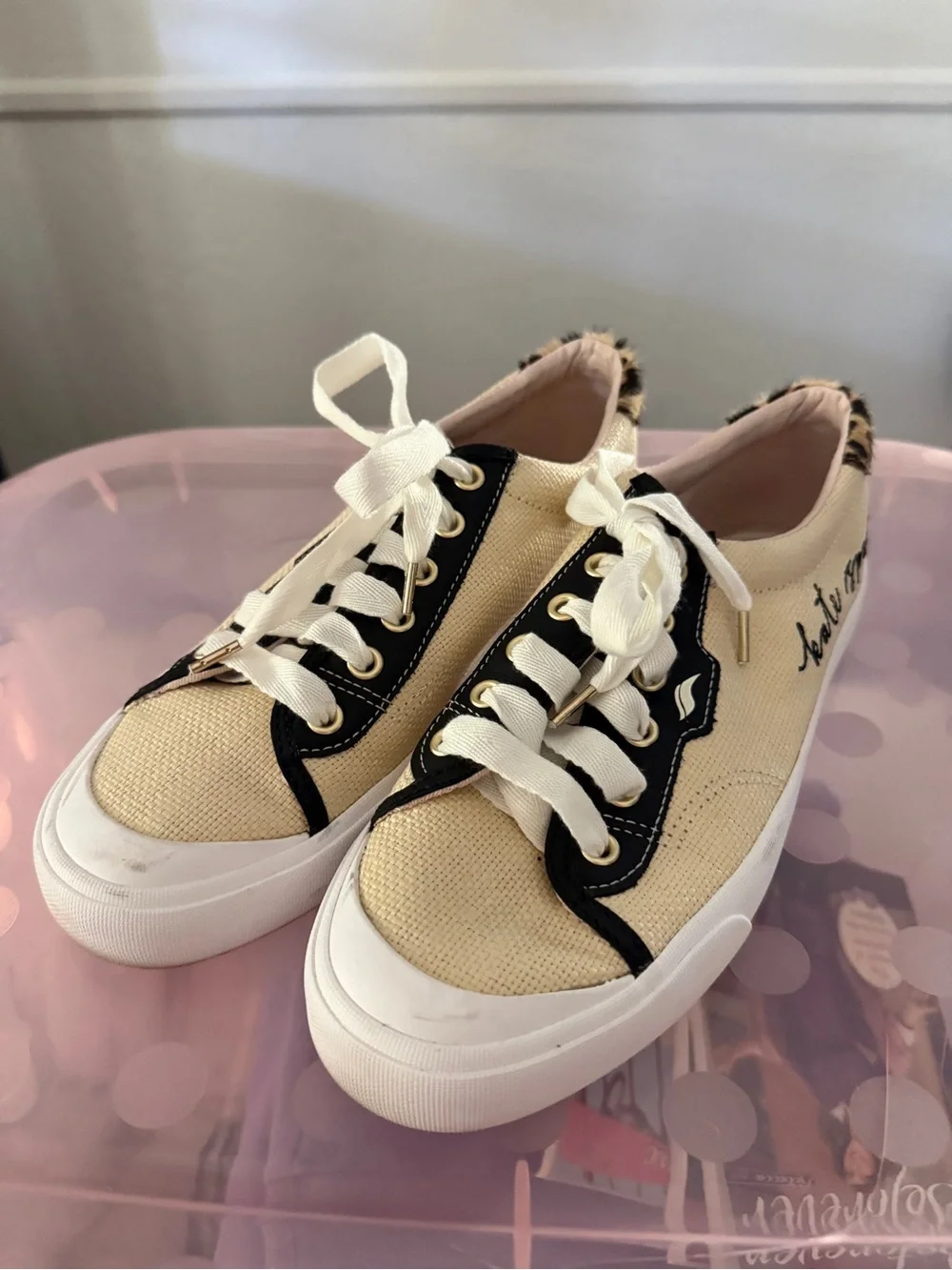 kate spade Cream Canvas Sneakers with Black Trim and Leopard Accent